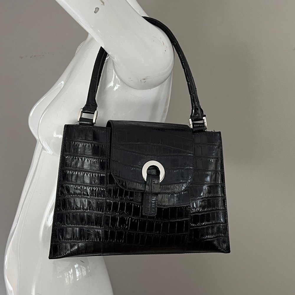 Bloomingdale’s Black Croc Embossed Leather Double Compartment Handbag